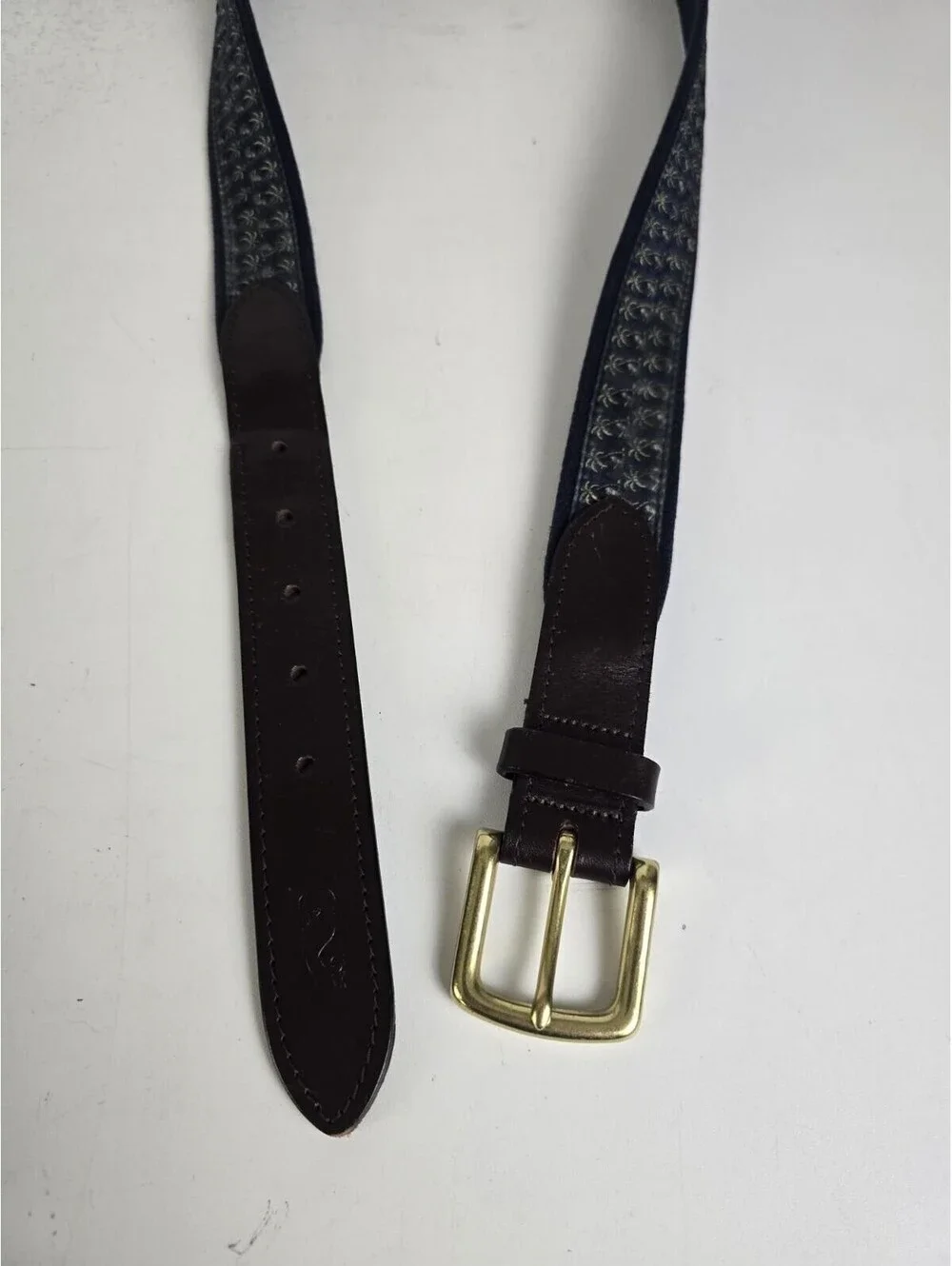 Vineyard Vines Size 42 Belt Made in USA Brown Leather Blue Canvas Palm Tree VGC